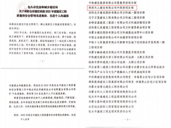 陜煤建設(shè)天工公司承建的包頭市中潤(rùn)府（一期）項(xiàng)目工程榮獲 “安全和質(zhì)量管理先進(jìn)集體”稱號(hào)