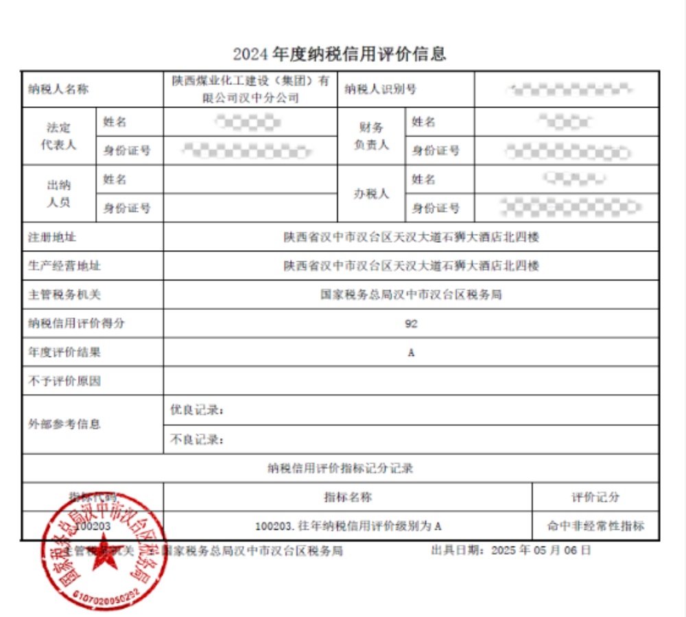 陜煤建設(shè)漢中分公司榮獲2024年度納稅信用等級(jí)“A”級(jí)稱號(hào)